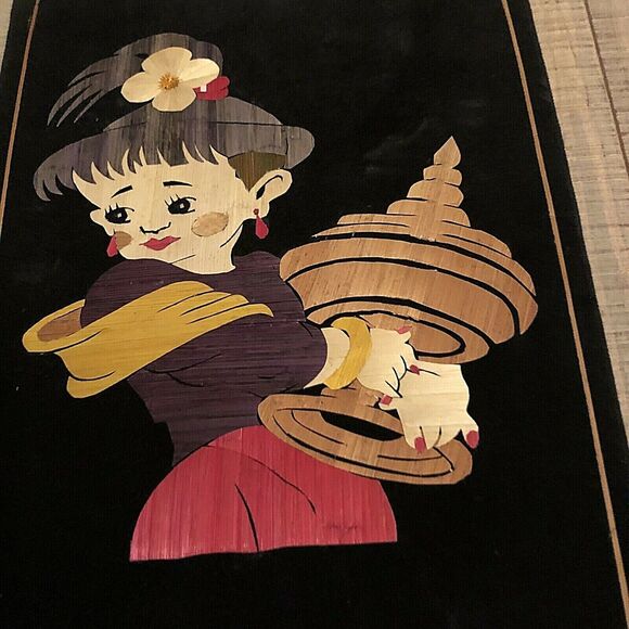 Velvet Folk Art Japanese Girl Handcrafted Rice Straw Unframed w/Hook Vintage - Picture 4 of 7
